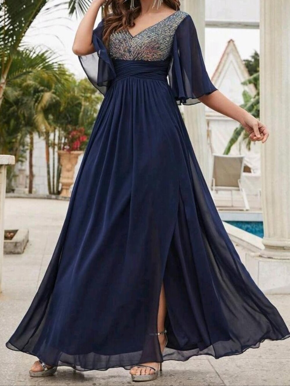 Midnight Navy Beaded V-Neck Maxi Dress